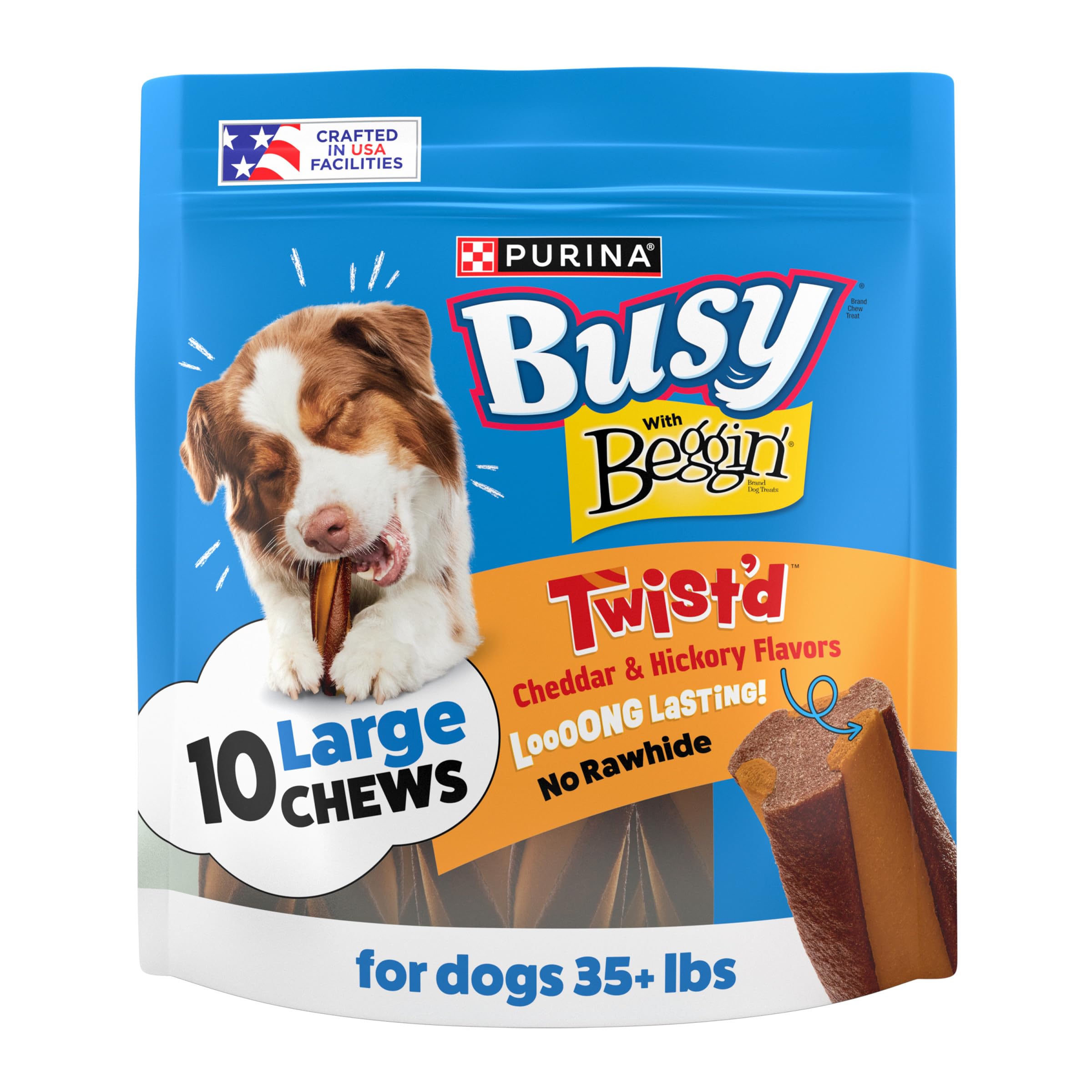Purina Busy Beggin’ Twist’d cheddar and hickory pack-shot highlights long-lasting chew for dogs.