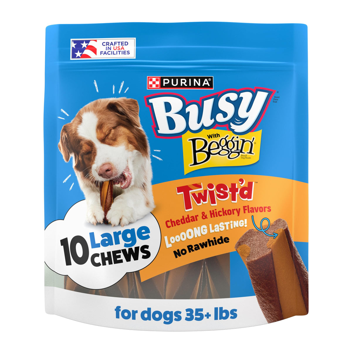 Purina Busy Beggin’ Twist’d cheddar and hickory pack-shot highlights long-lasting chew for dogs.