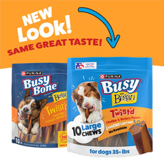 Purina Busy Beggin’ Twist’d cheddar and hickory chew-twist detail shows savory flavors.