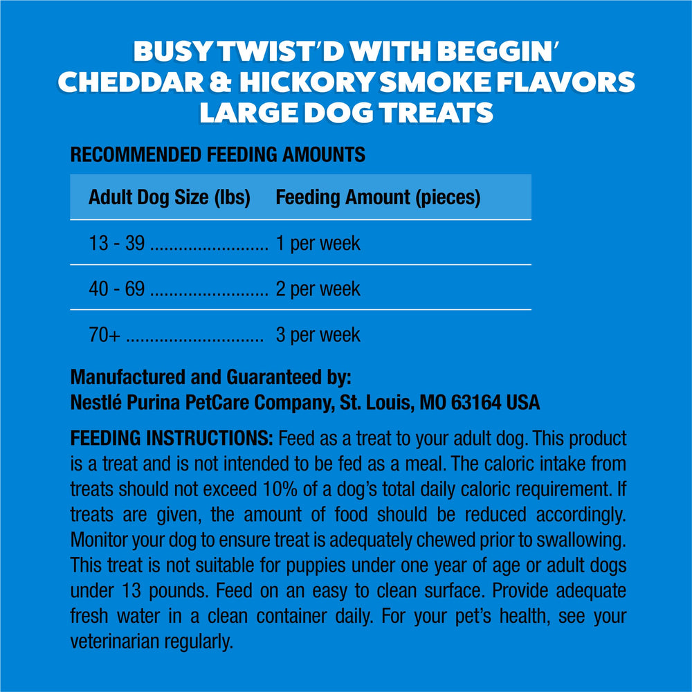 Purina Busy Beggin’ Twist’d large-dog size demonstration suggests suitability for bigger breeds.