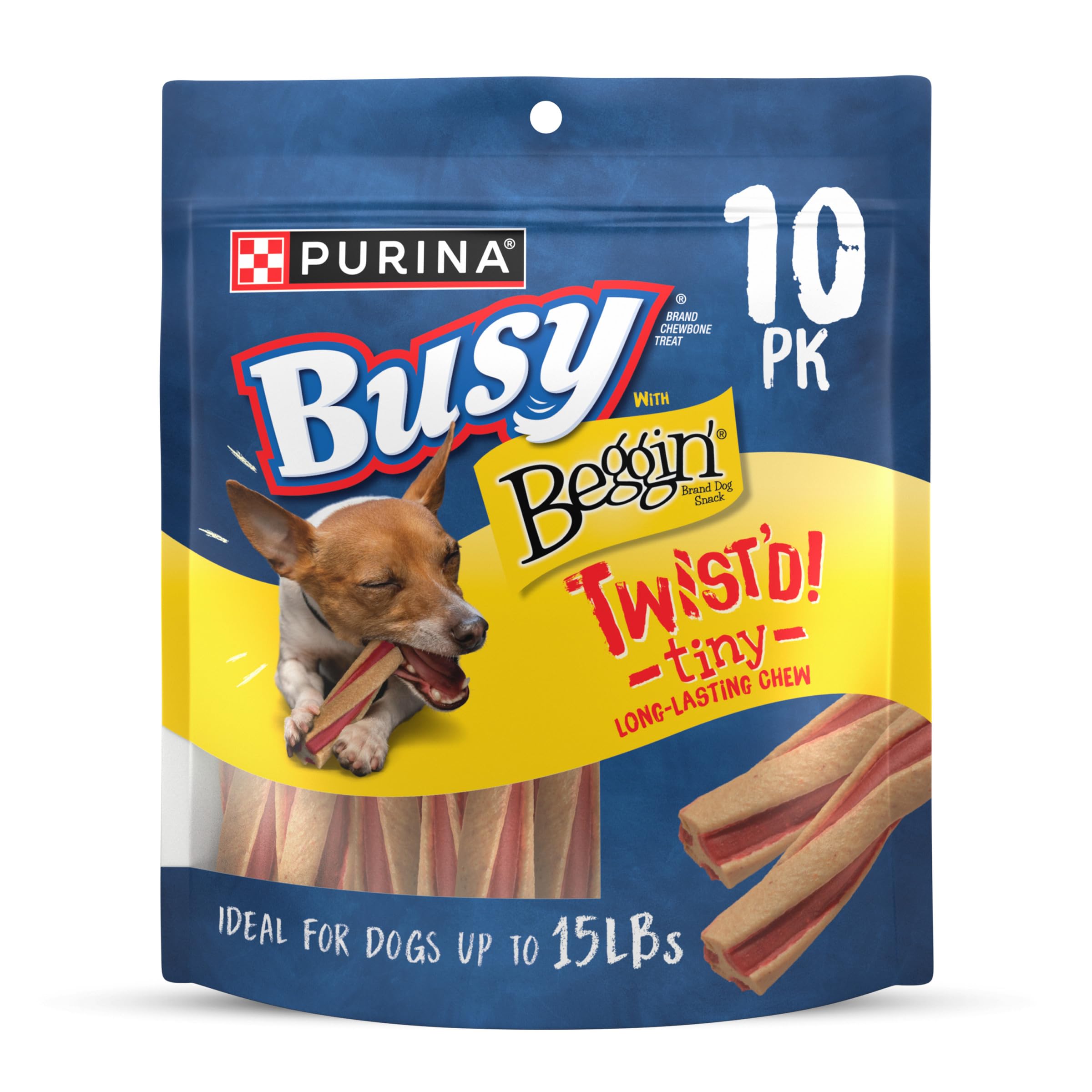 Purina Busy Beggin’ Twist’d pack shot for tiny dogs, six 10-count pouches.