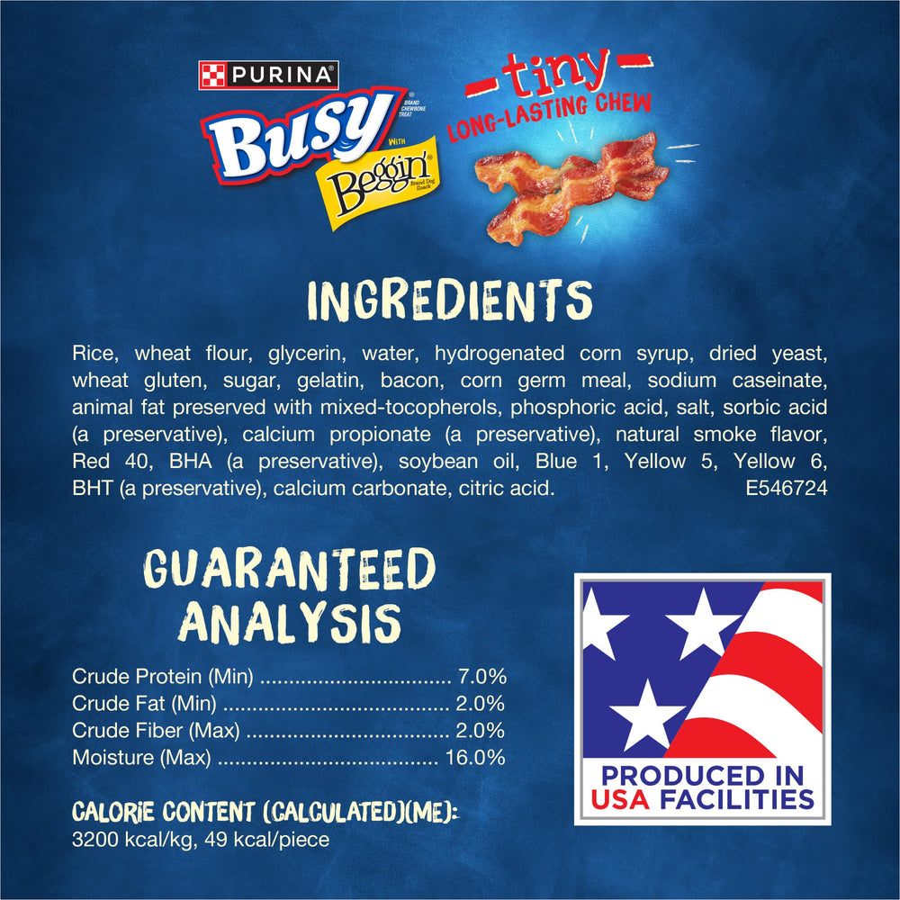 Purina Busy Beggin’ Twist’d US-made facilities logo reinforces production quality.