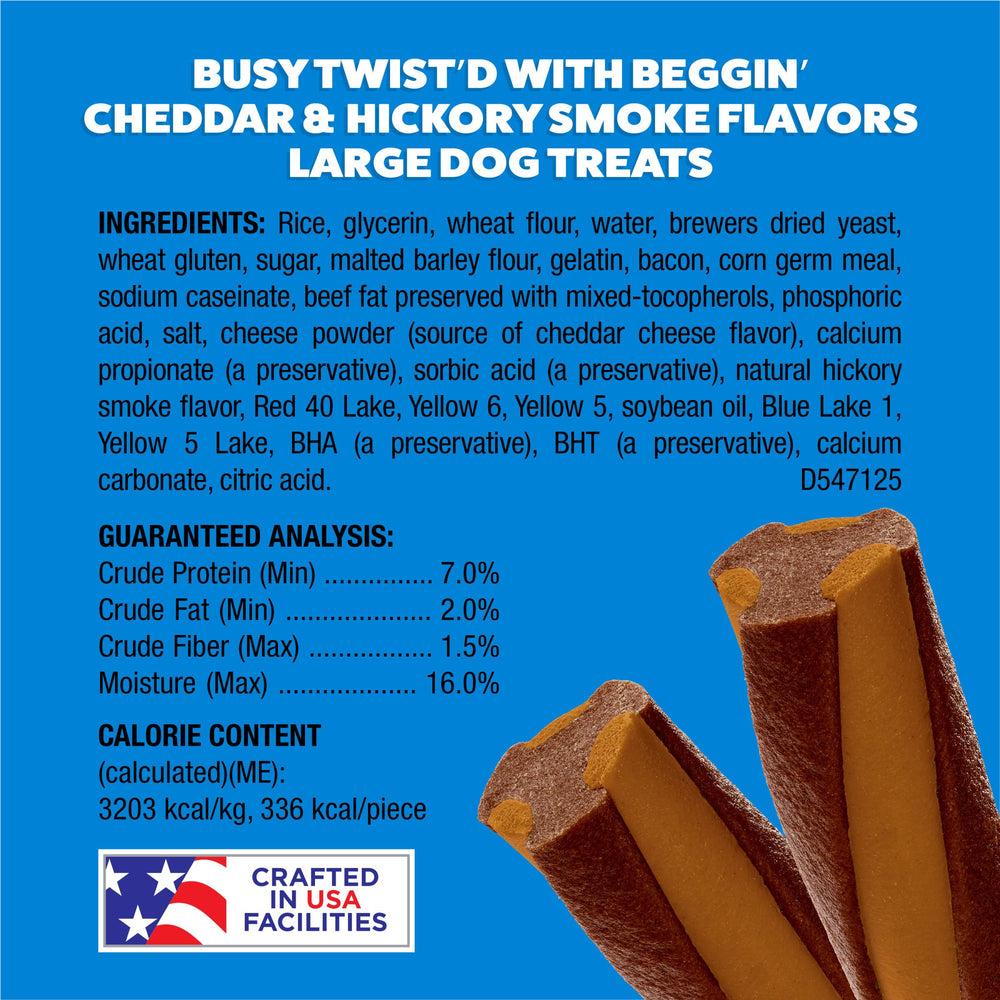 Purina Busy Beggin’ Twist’d product in USA-made packaging emphasis trusted manufacturing.