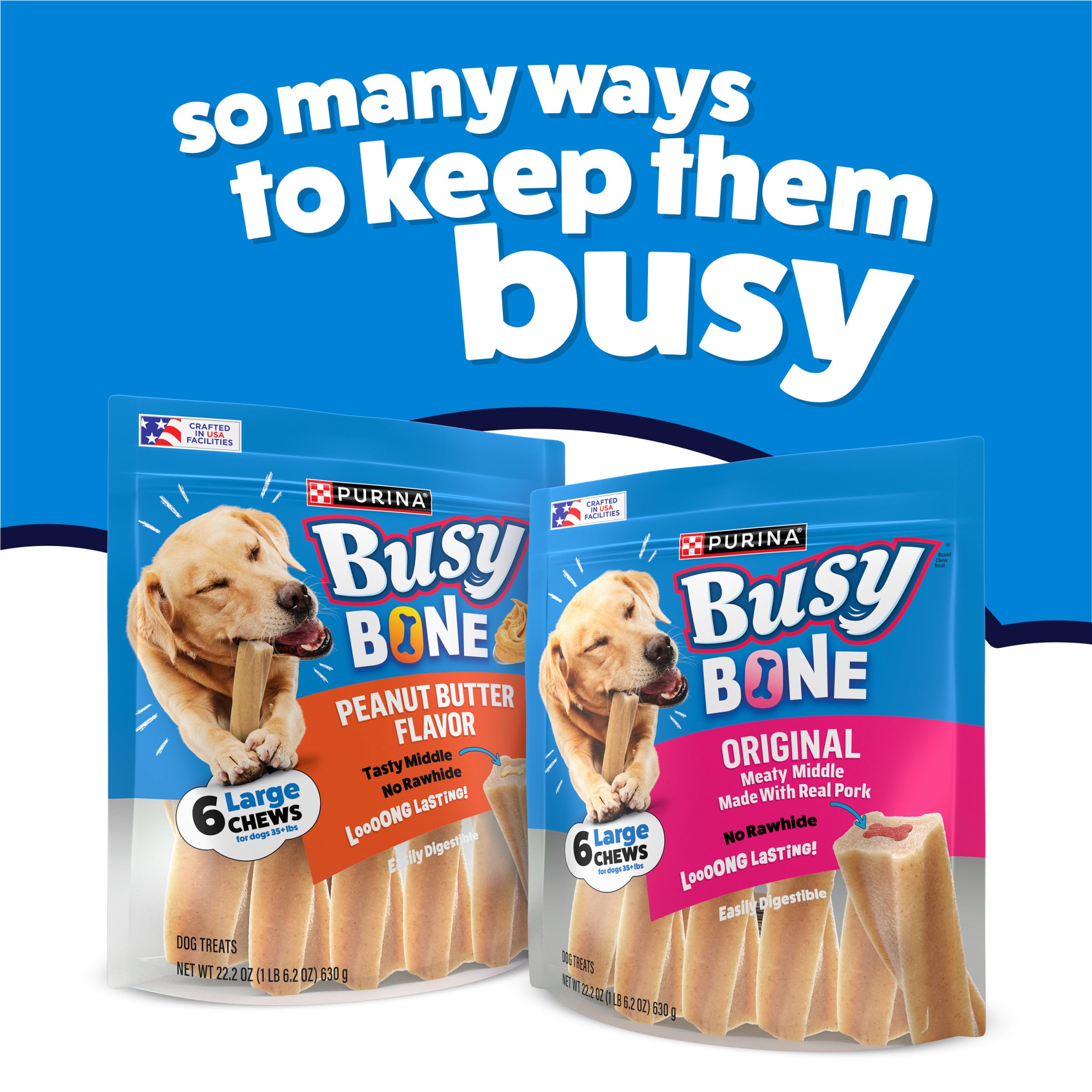 Purina Busy Bone patient-dog close-up communicates safe treat for medium dogs