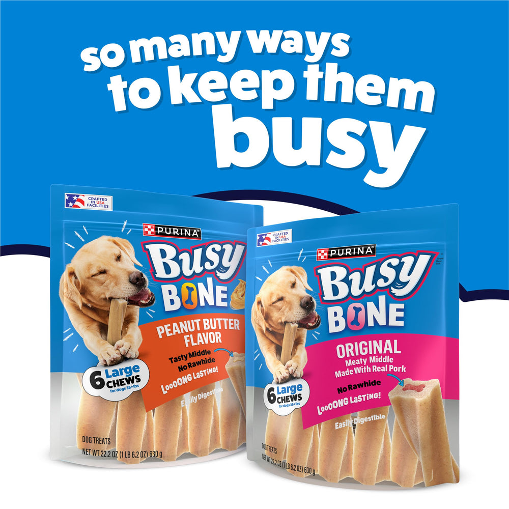 Purina Busy Bone patient-dog close-up communicates safe treat for medium dogs