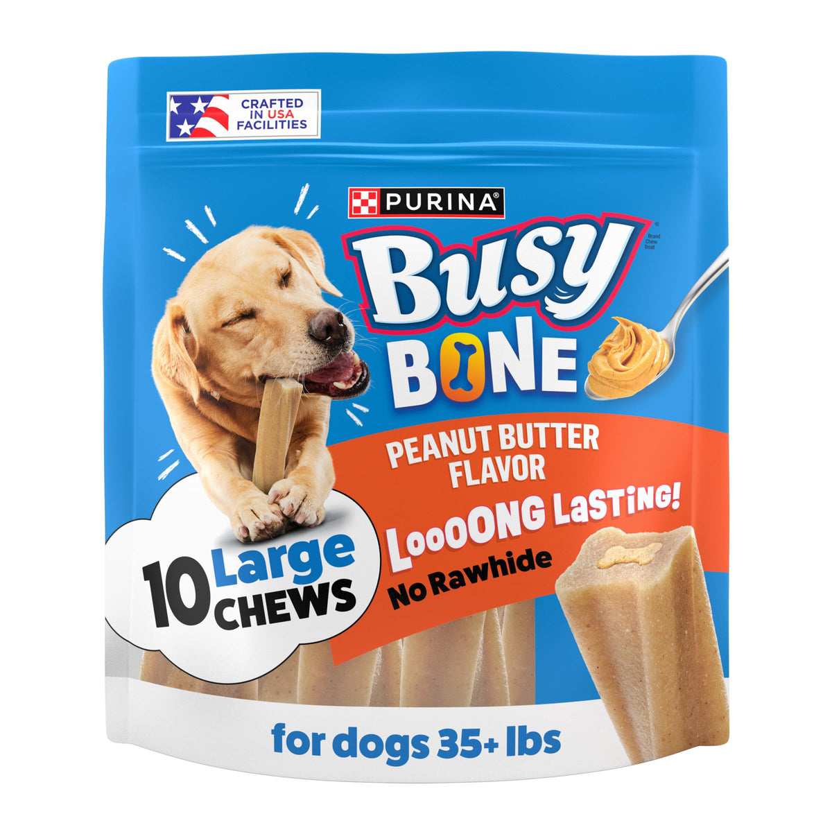 Purina Busy Bone peanut butter shell close-up highlighting dual-texture chew for longer engagement
