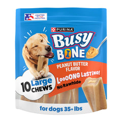 Purina Busy Bone peanut butter shell close-up highlighting dual-texture chew for longer engagement