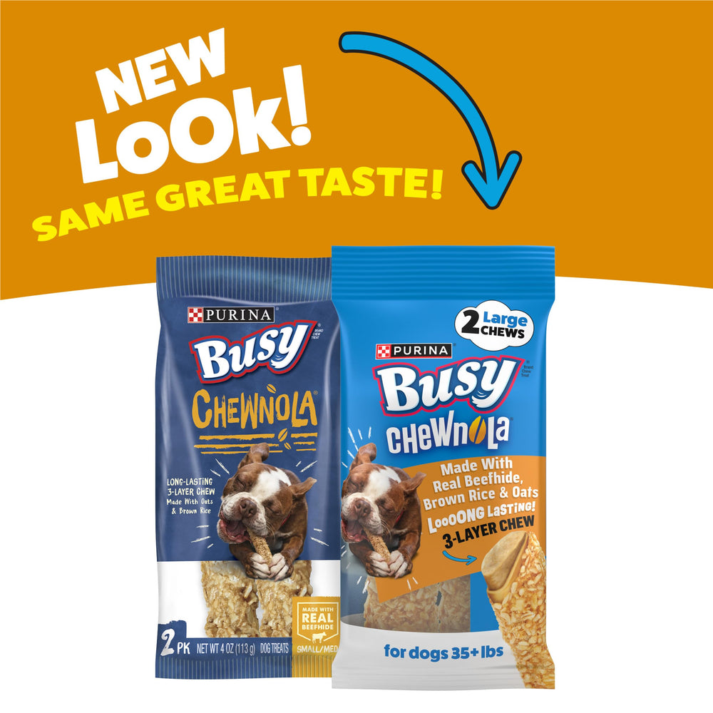 Purina Busy Chewnola center beefhide provides savory core for chewing fun.