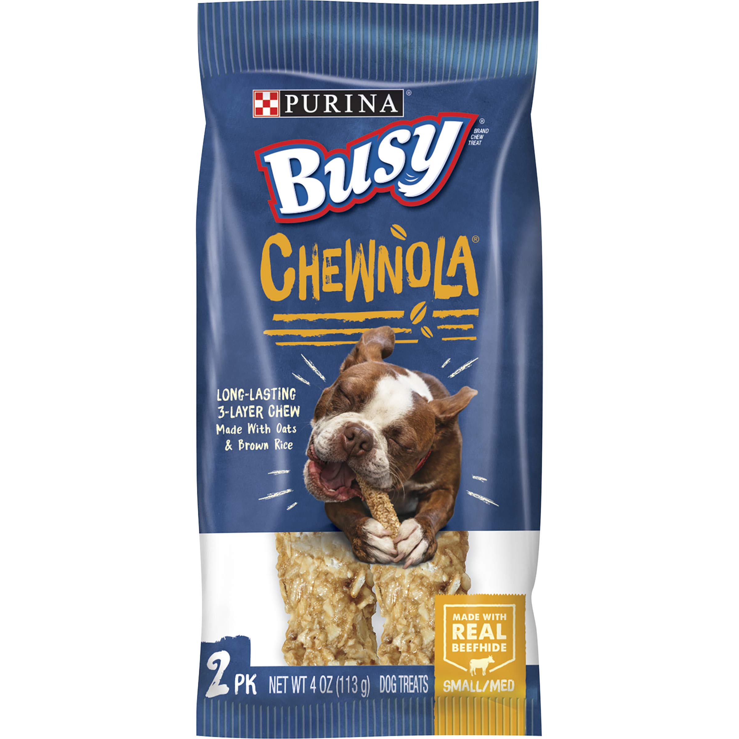 Purina Busy Chewnola outer layer oats and brown rice for tasty texture.