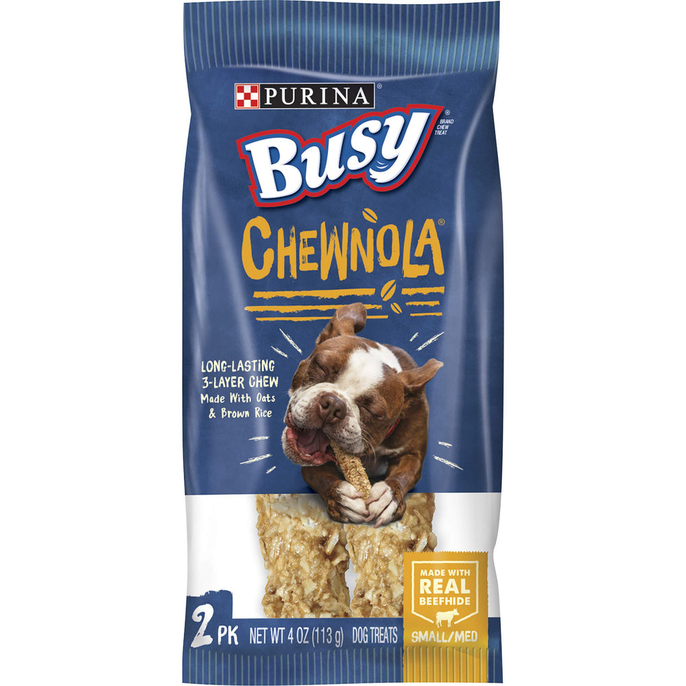 Purina Busy Chewnola outer layer oats and brown rice for tasty texture.