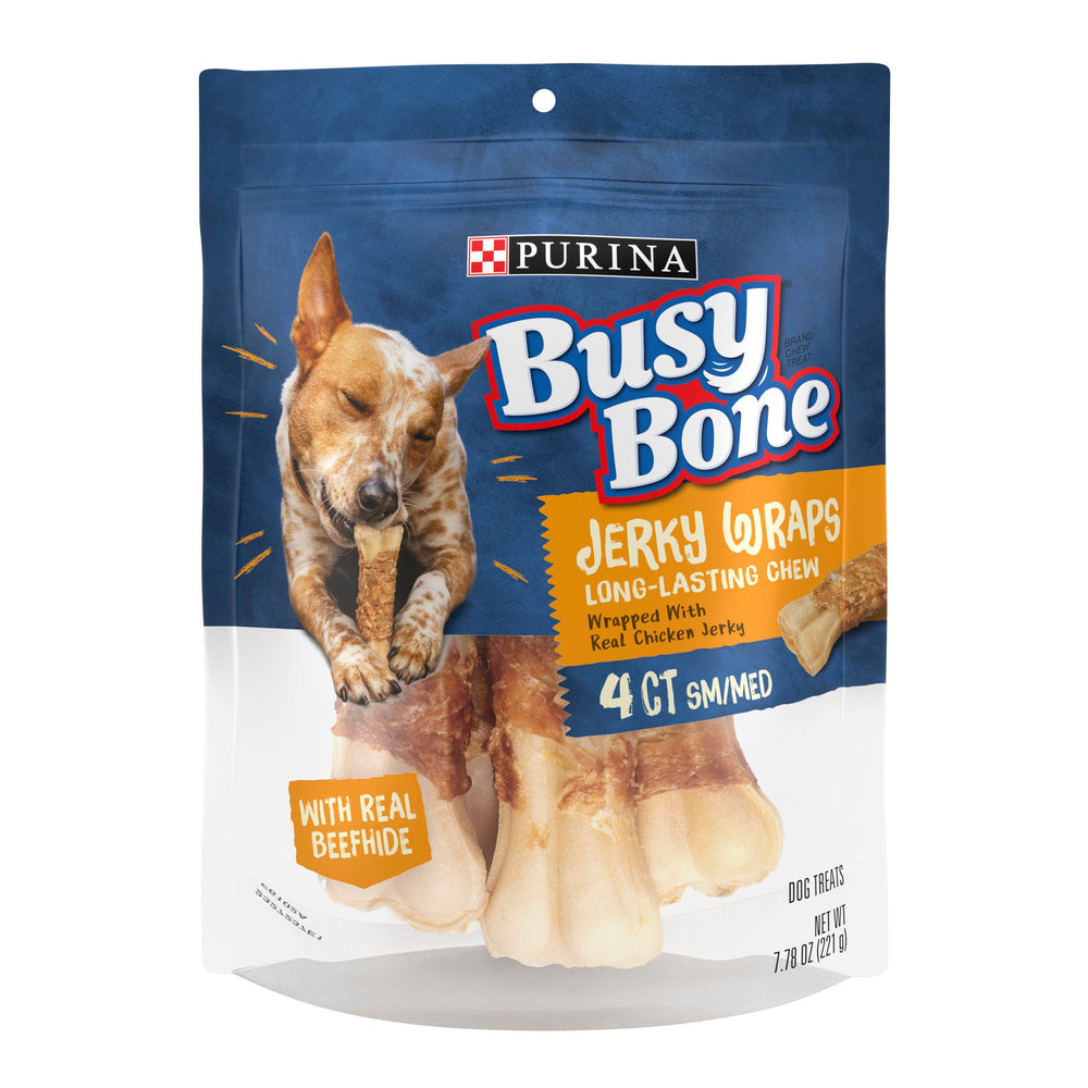 Purina Busy Jerky Wraps beefhide-wrapped chicken jerky outer pack showing packaging and product label.