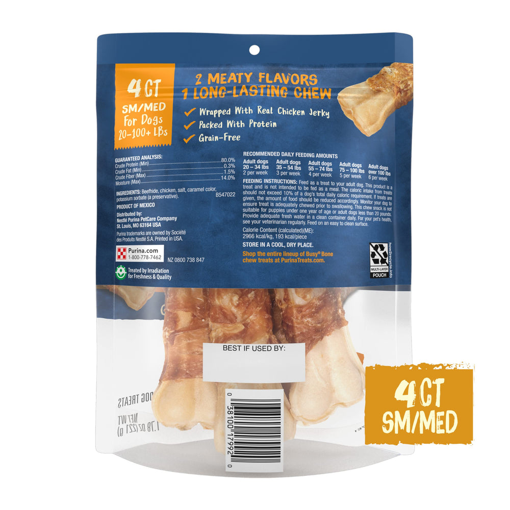 Purina Busy Jerky Wraps chewing action helps clean teeth and freshen breath aroma.