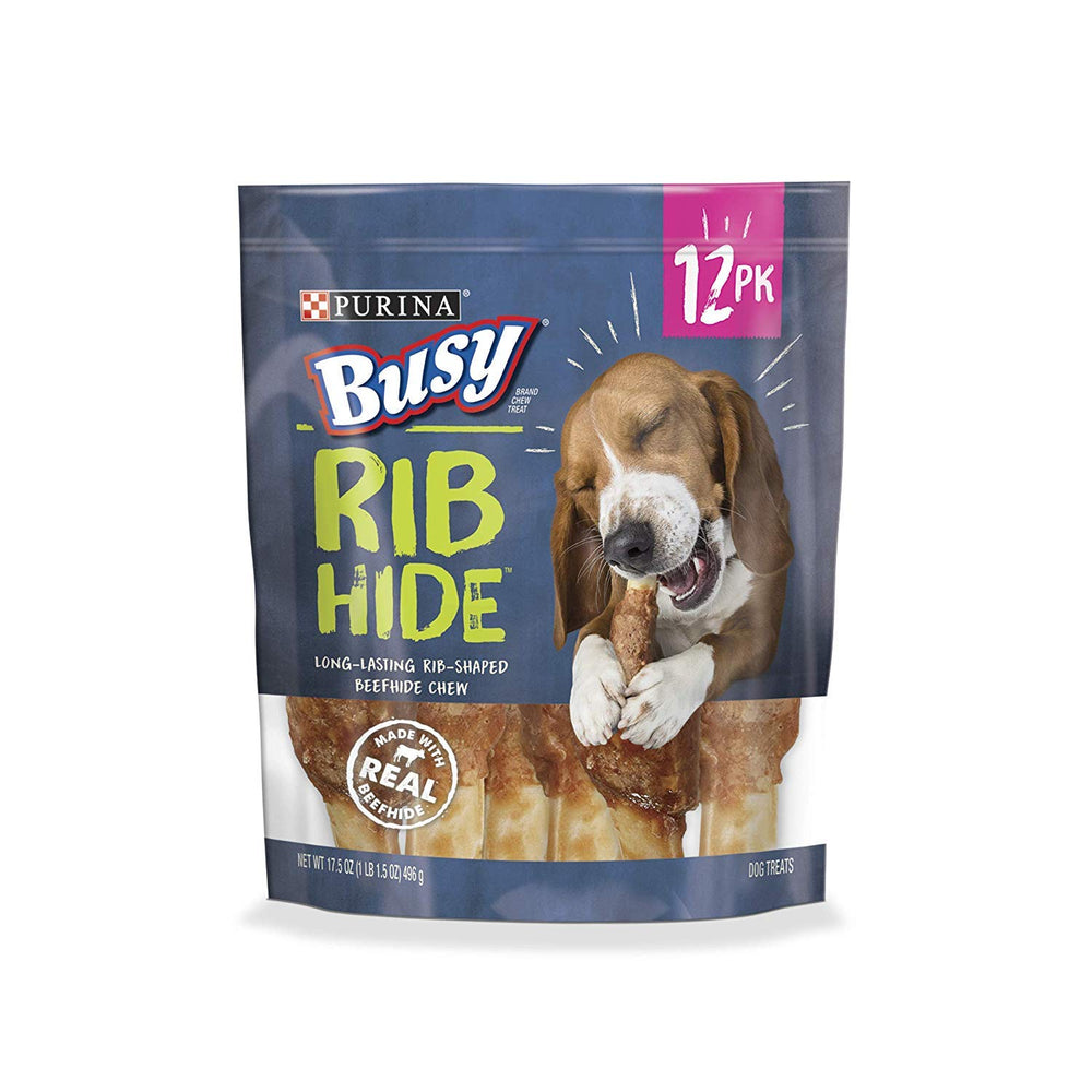 Purina Busy rib hide chew in resealable pouch, long-lasting fun for small and medium dogs.