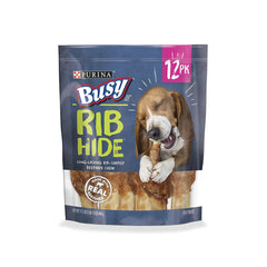 Purina Busy rib hide chew in resealable pouch, long-lasting fun for small and medium dogs.