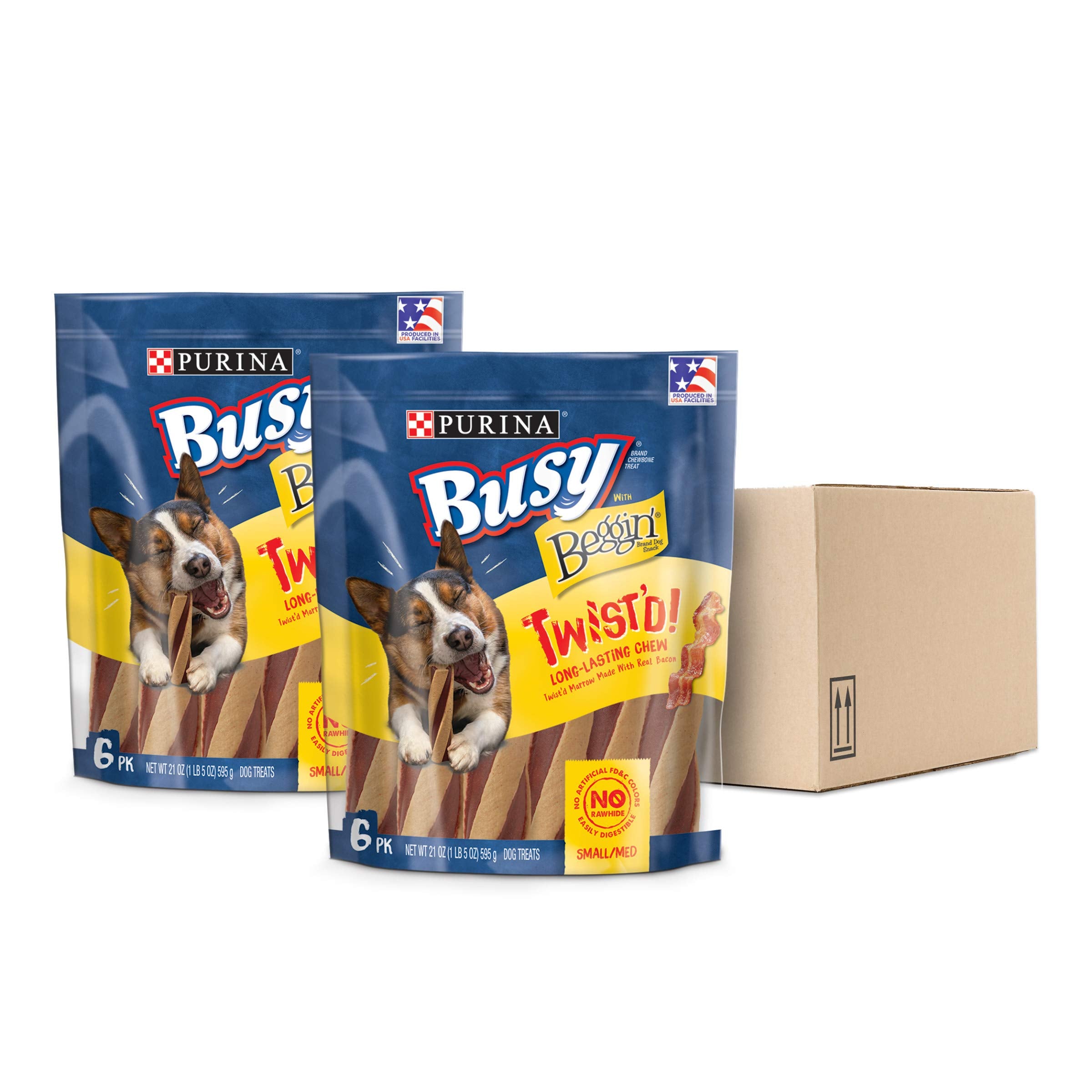 Purina Busy Twist'd Beggin' bacon spiral chew for dogs promoting long-lasting chewing.