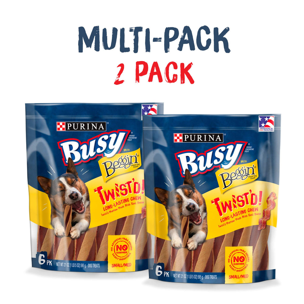 Purina Busy Twist'd Beggin' rawhide-free chew close-up highlights texture and safety.