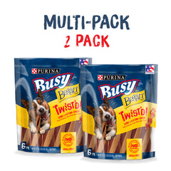 Purina Busy Twist'd Beggin' rawhide-free chew close-up highlights texture and safety.