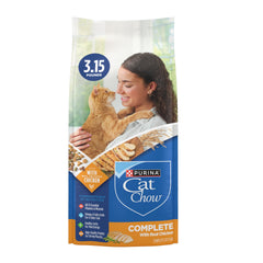 Purina Cat Chow real chicken bag open shows premium ingredients for daily meals.