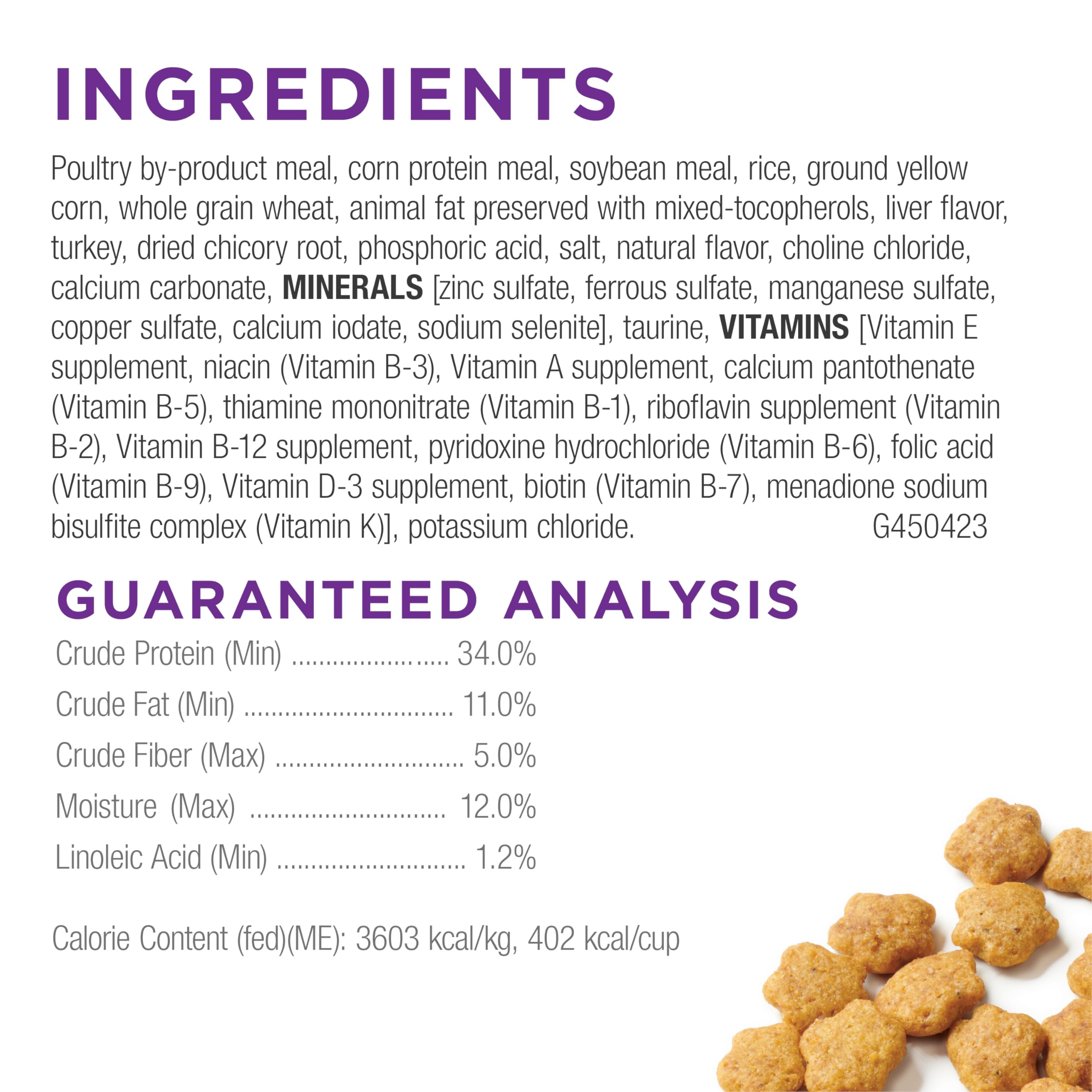 Purina Cat Chow Gentle ingredients-label; no artificial colors or flavors.