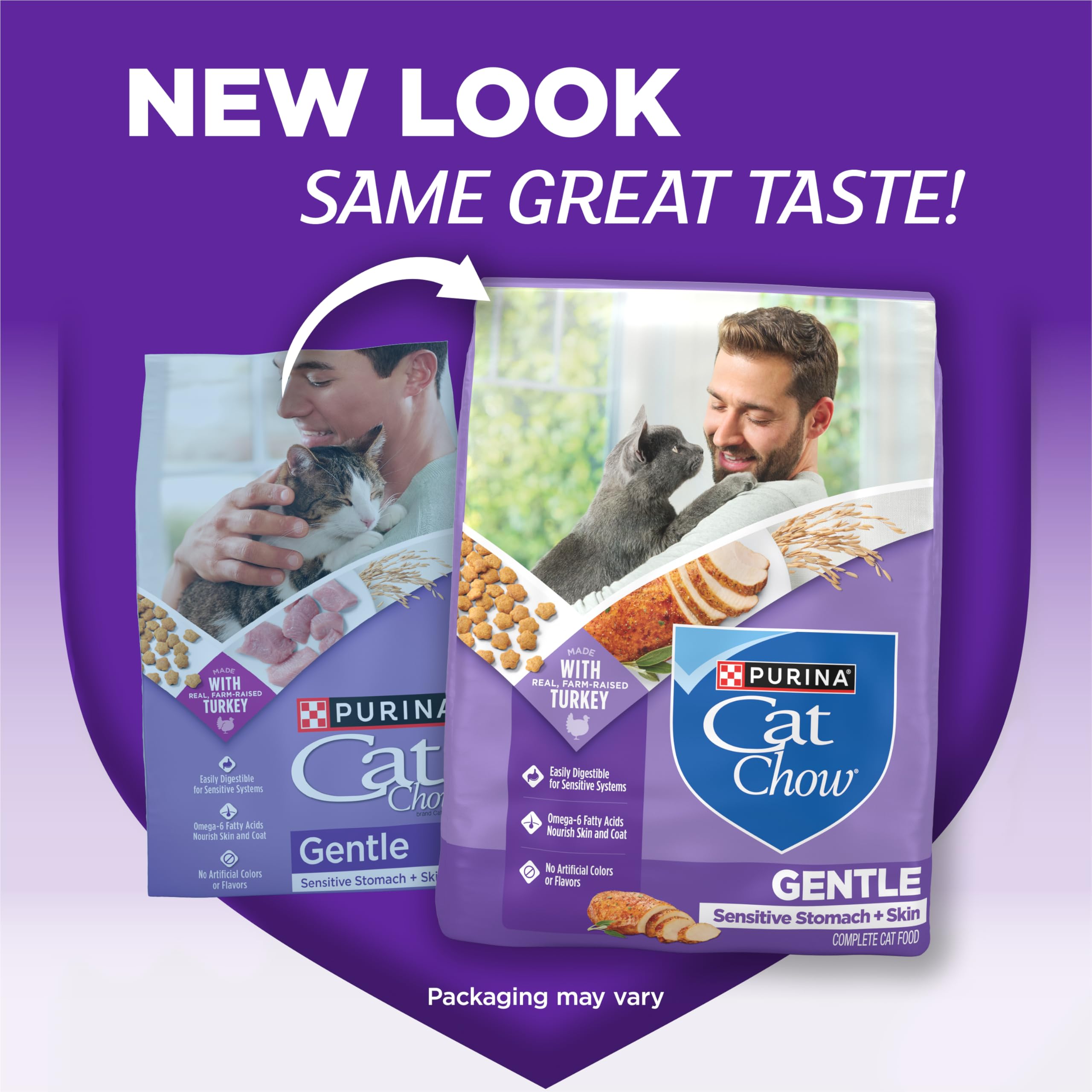 Purina Cat Chow Gentle kibble closeup highlighting real farm-raised turkey protein.