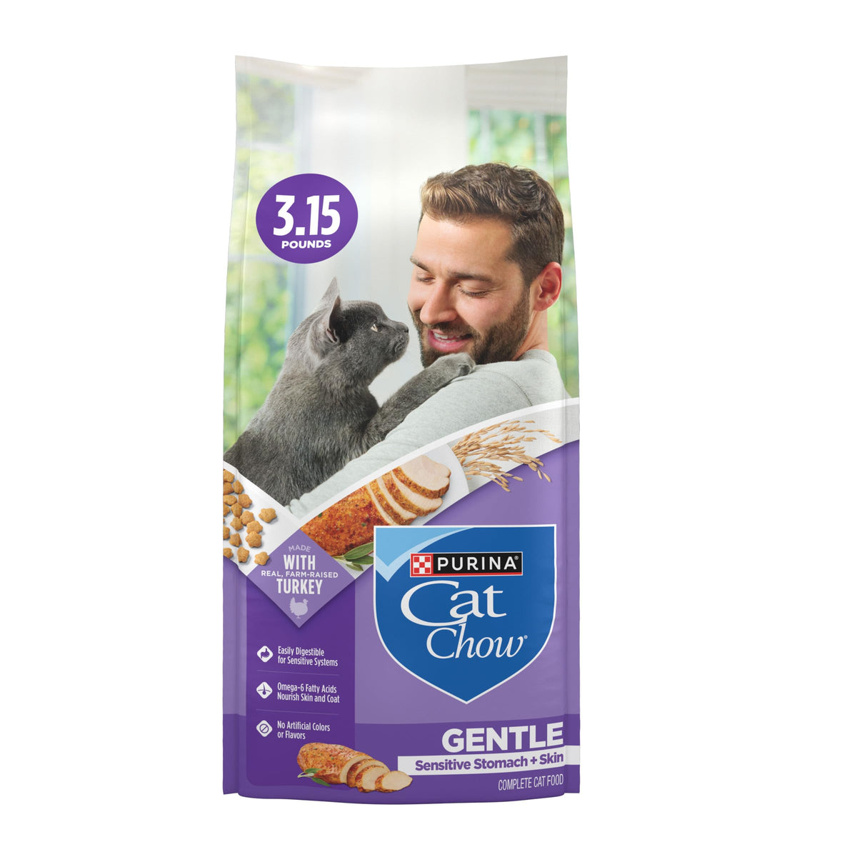 Purina Cat Chow Gentle Turkey bag front showing balanced dry food packaging.