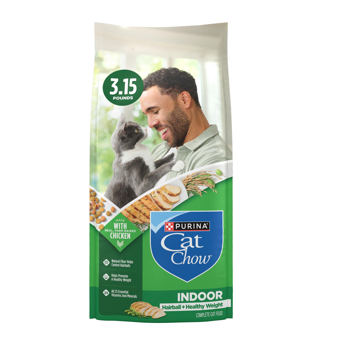 Purina Cat Chow Indoor Healthy Weight bag shows real chicken flavor for indoor cats