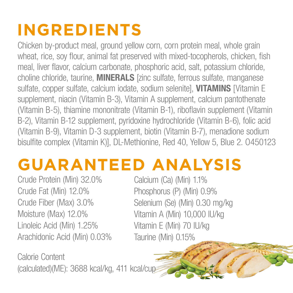 Purina Cat Chow nutrition facts pack highlights vitamins and minerals.