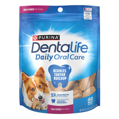 Dentalife Purina 60ct pack shows convenient daily dental care for small to medium dogs.
