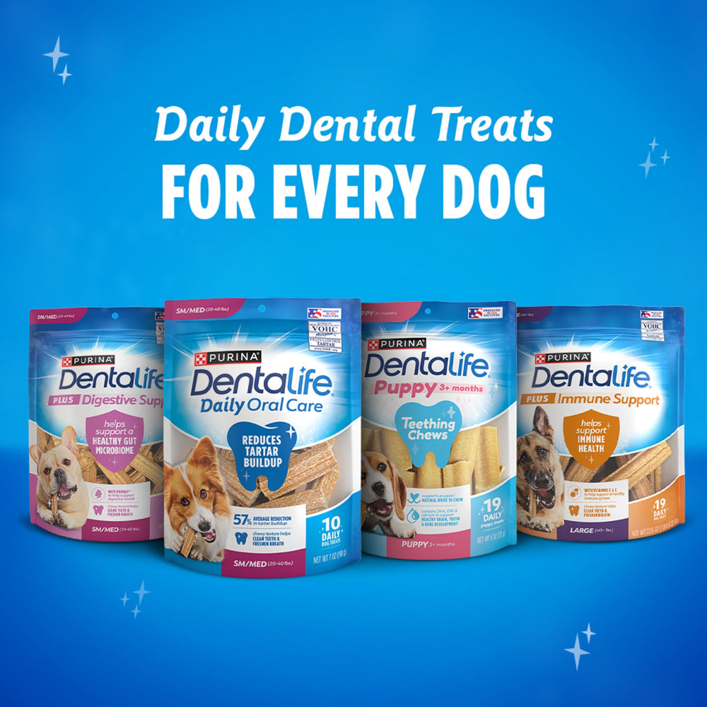Purina DentaLife dog treats and chews in a bowl