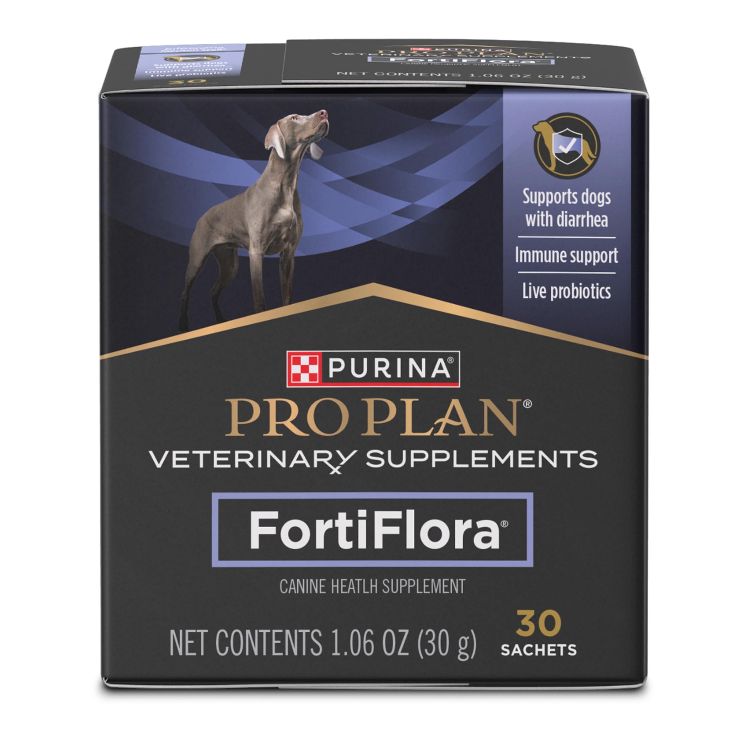 Purina FortiFlora packaging shows dog probiotic digestive support.