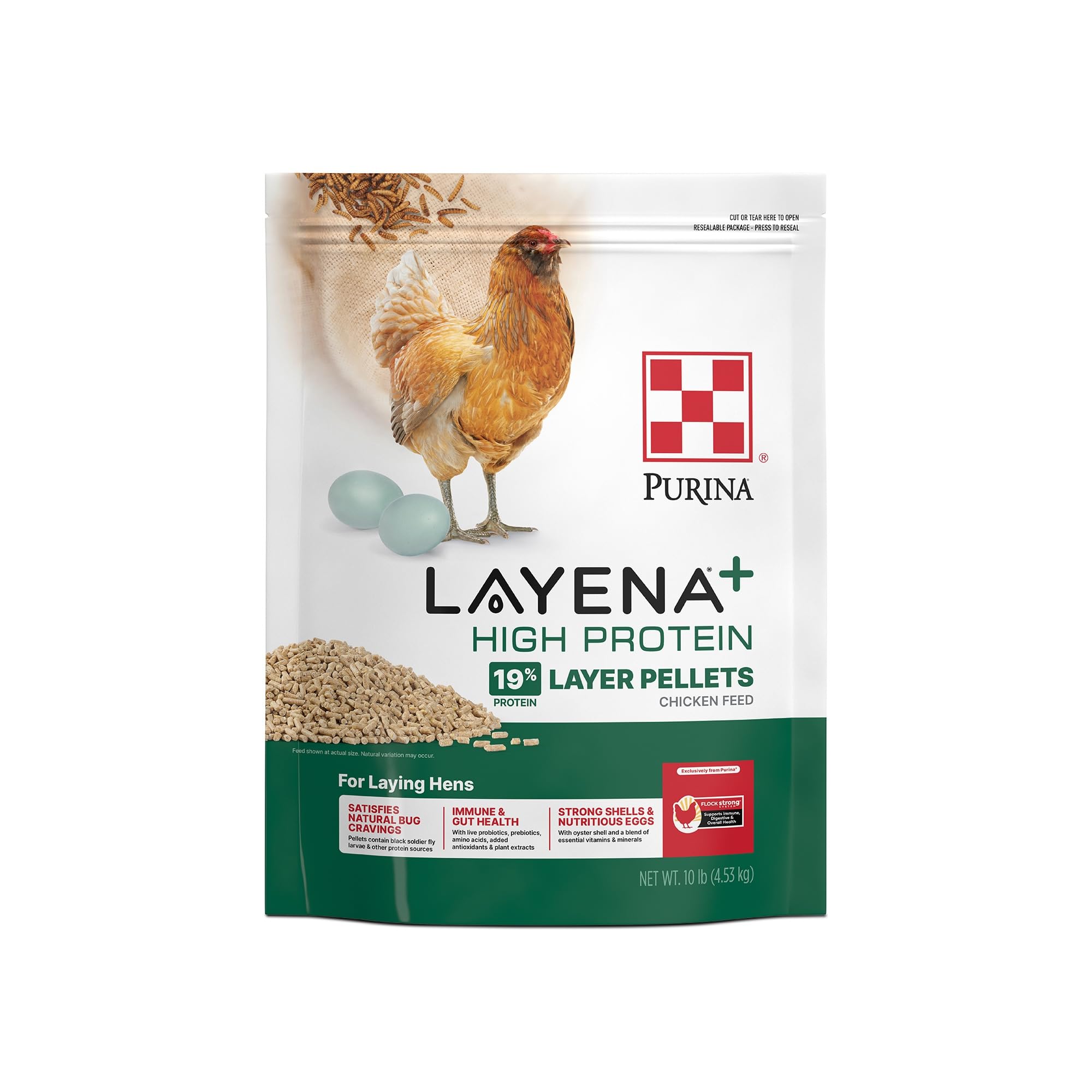 Purina Layena high-protein pellets closeup highlighting texture and quality.
