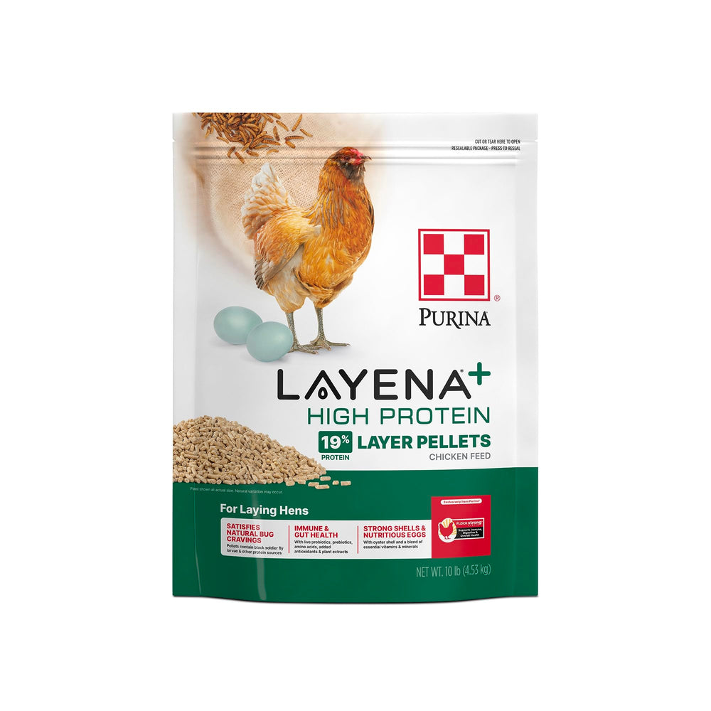 Purina Layena high-protein pellets closeup highlighting texture and quality.