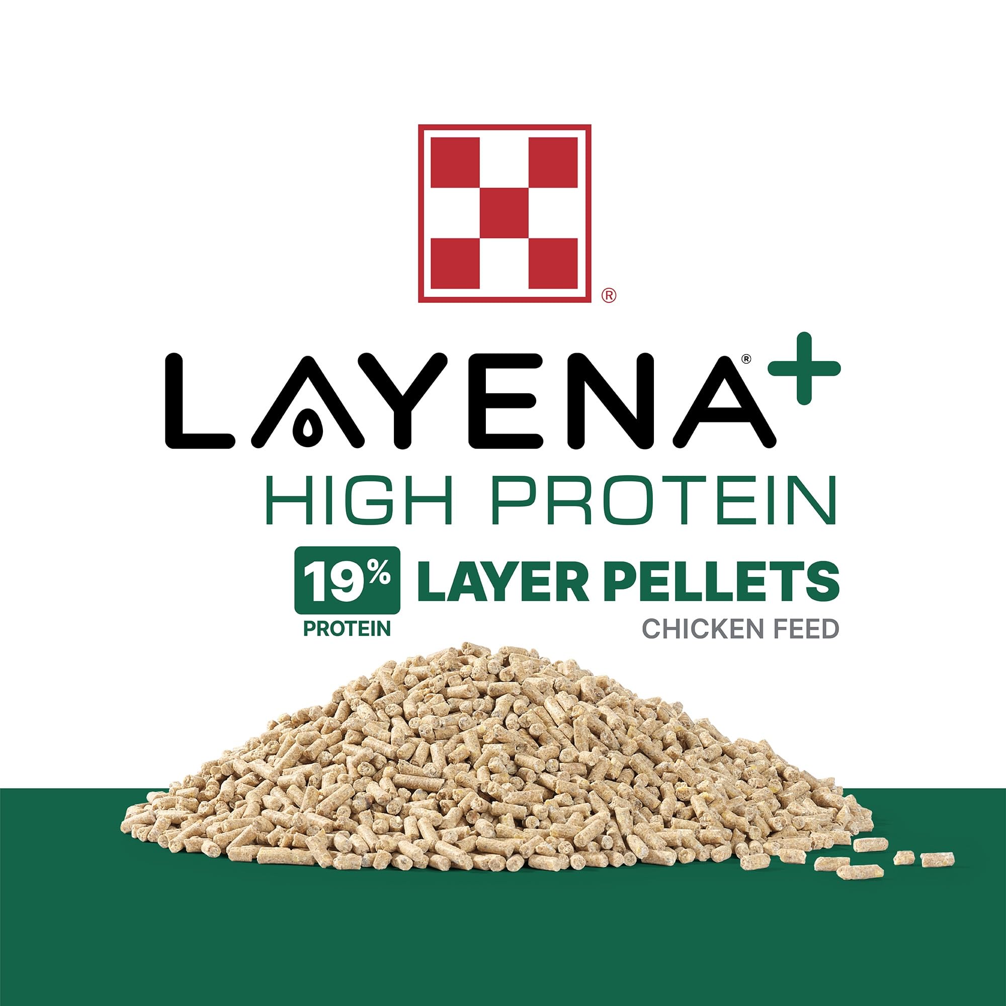 Purina Layena pellets texture detail shows compact, bite-size form for easy swallowing.