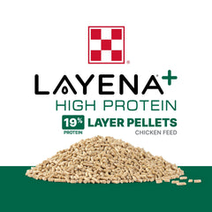 Purina Layena pellets texture detail shows compact, bite-size form for easy swallowing.
