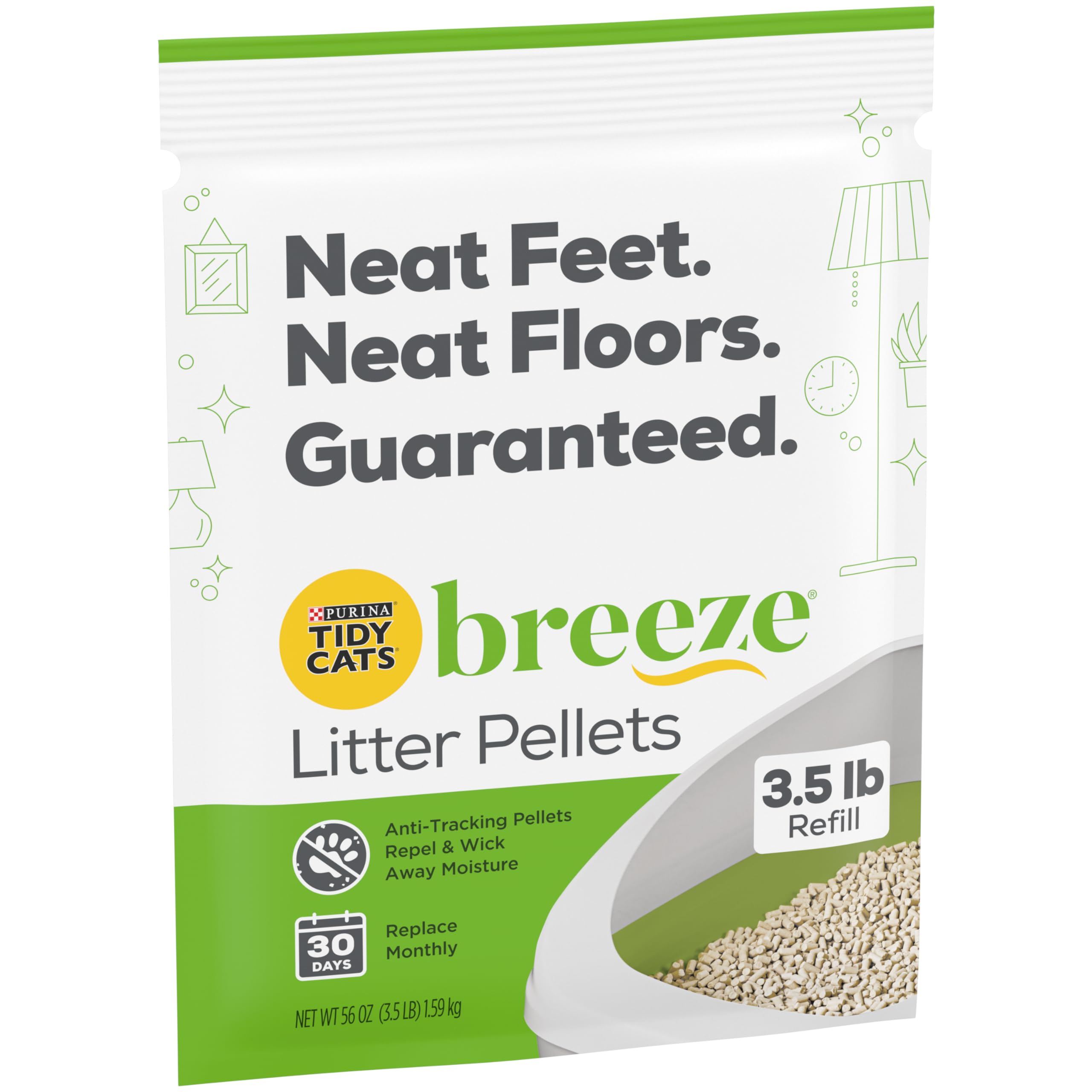 Purina Litter Breeze Pellets bag close-up—unfragranced formula for quick scooping.