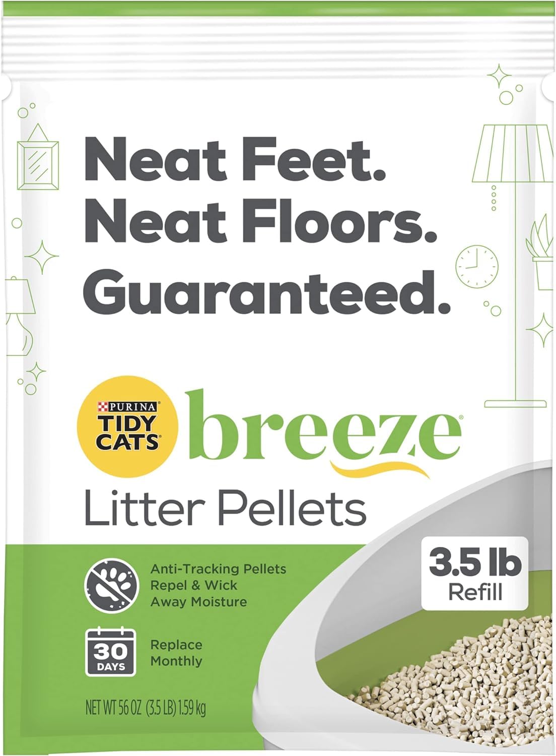 Purina Litter Tidy Cat Breeze Pellets bag shows unscented formula for odor control.
