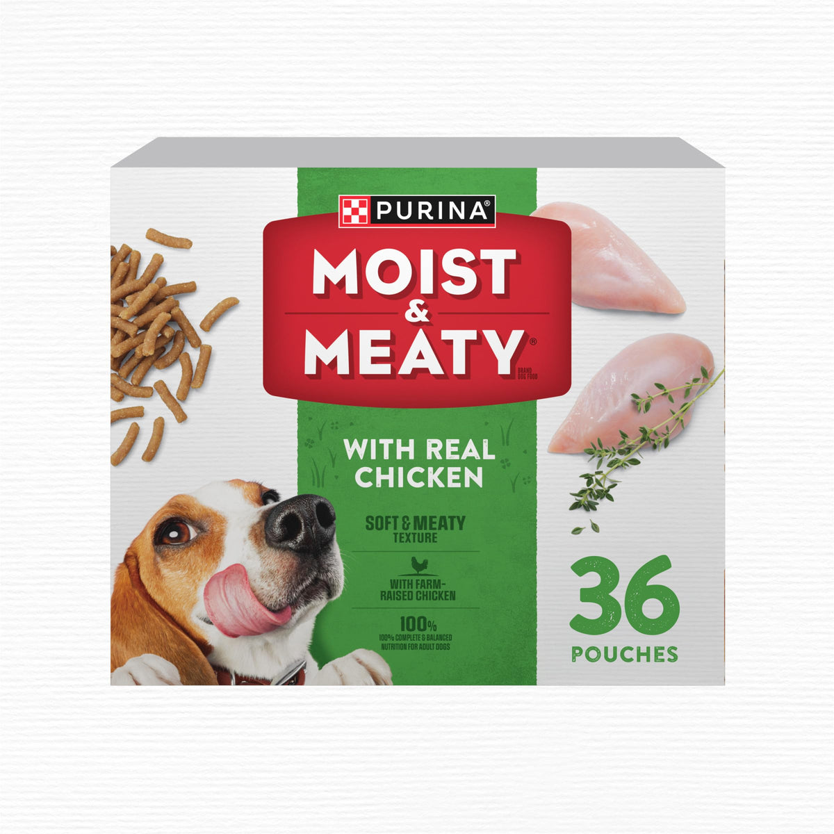 Purina Moist and Meaty chicken pouch in a bowl showing a complete meal.