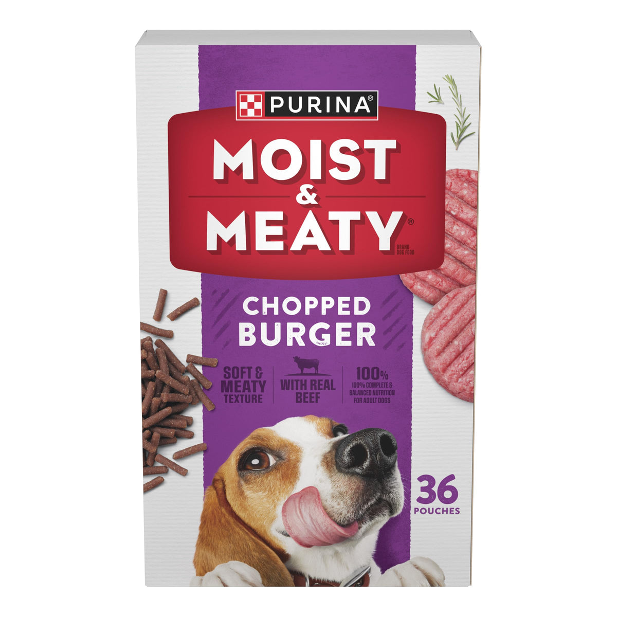 Purina Moist & Meaty chopped burger pouch front ready for meals with adult dog in mind