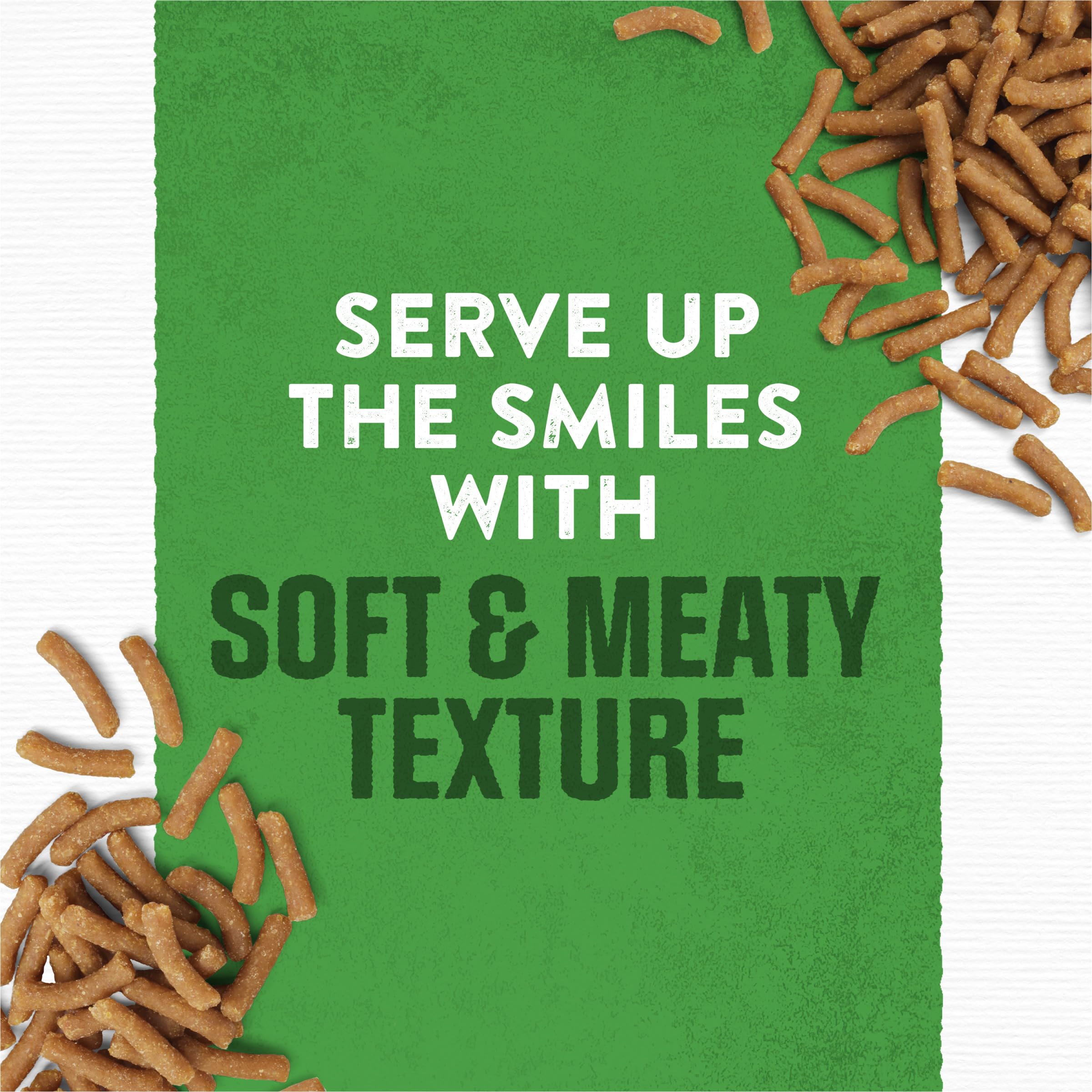 Purina Moist and Meaty real chicken bites highlight meat texture for dog appeal.