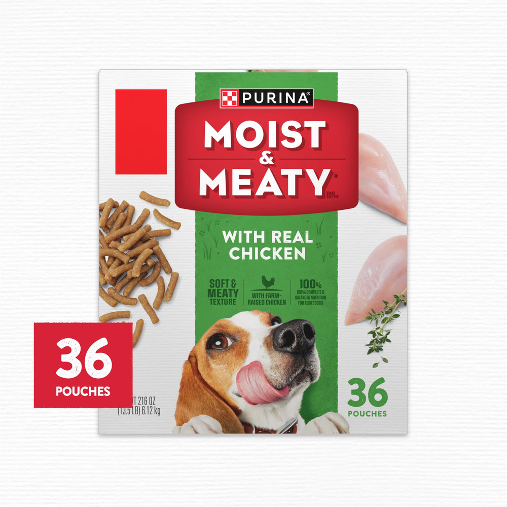 Purina Moist and Meaty single-serve pouches offer quick, mess-free mealtime.