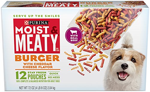 Purina Moist & Meaty burger cheddar flavor dog food bag with real meat pieces for tastier meals