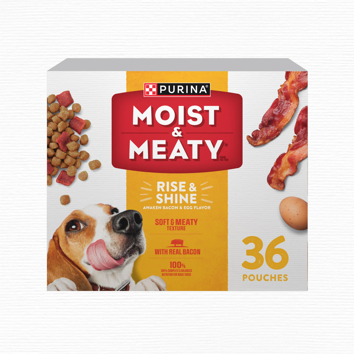 Purina Moist & Meaty Rise and Shine bacon egg flavor pouch for quick, flavorful meals