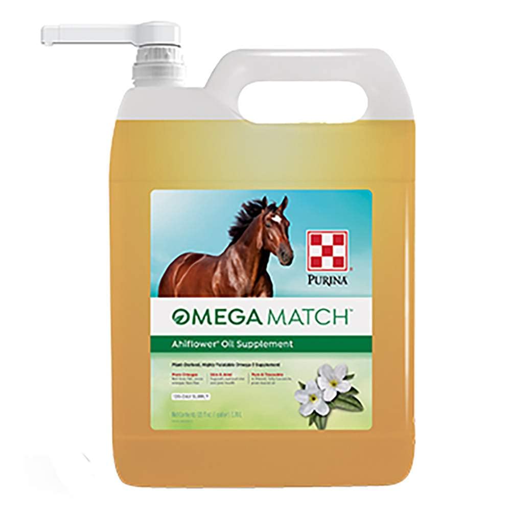 Purina Omega Match Ahiflower Oil horse supplement bottle supports skin and joint health.