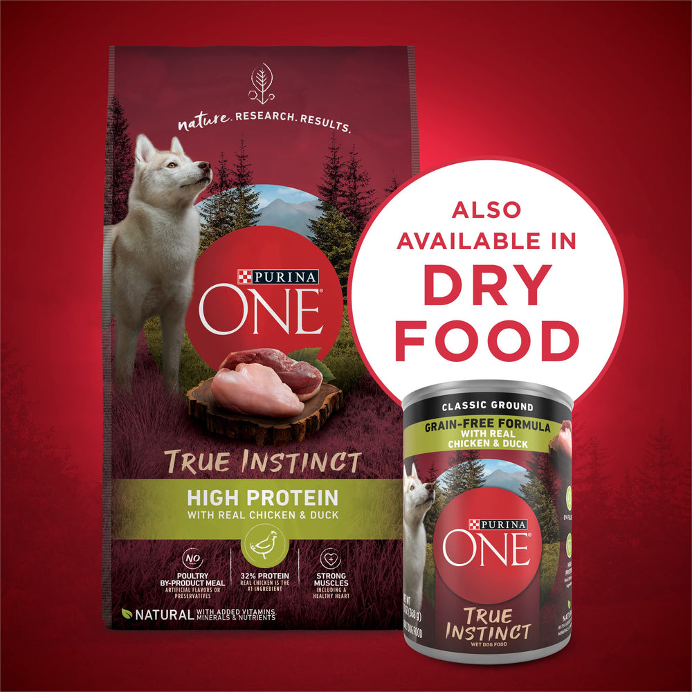 Purina ONE adult dog nutrition image emphasizing complete balanced diet