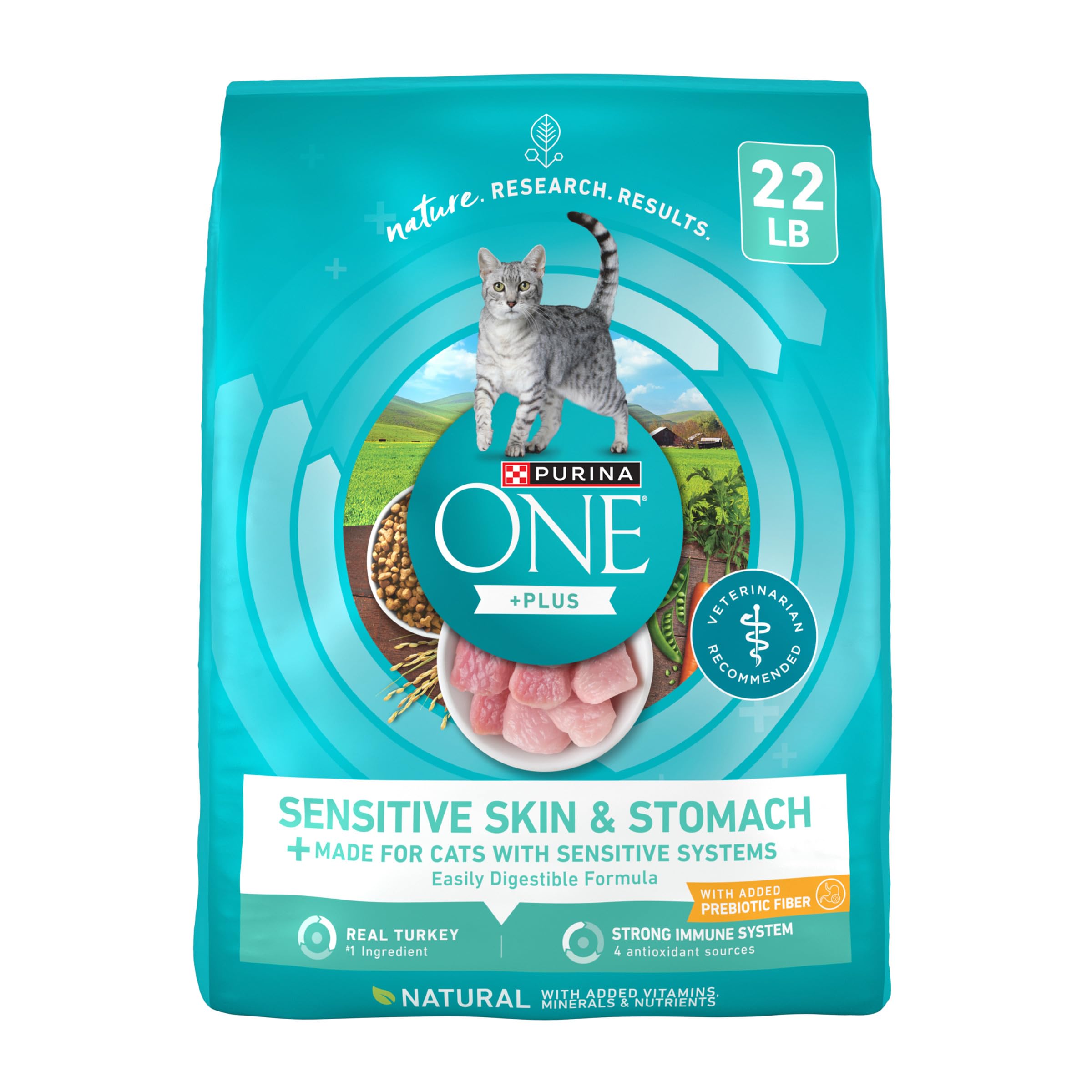 Purina ONE 22 lb bag of sensitive stomach cat food for convenient feeding.