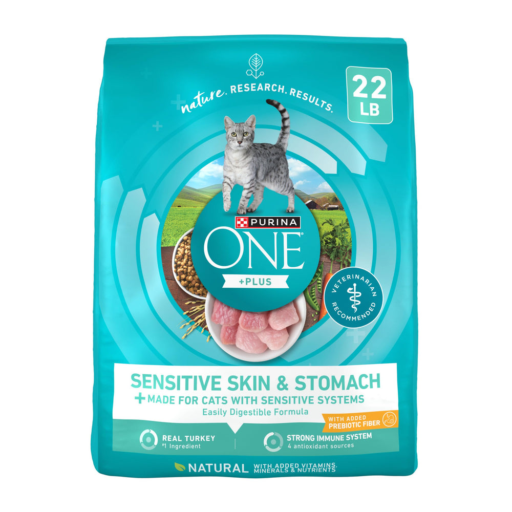 Purina ONE 22 lb bag of sensitive stomach cat food for convenient feeding.