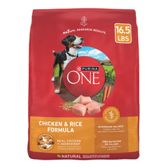 Purina ONE chicken and rice bag front view highlights premium ingredients for adult dogs.