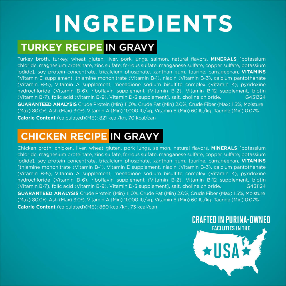 Purina ONE chicken in gravy closeup highlights real poultry and creamy gravy.