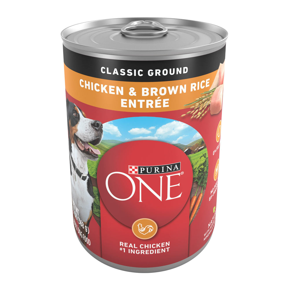 Purina ONE Classic Ground Chicken and Brown Rice Entree can with premium protein for active dogs