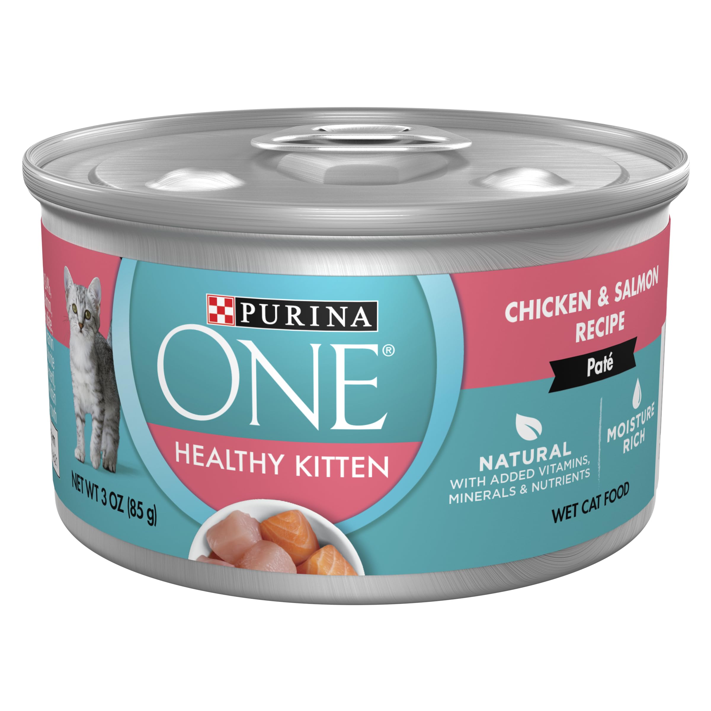 Purina ONE grain-free kitten pate can with chicken and salmon promotes hydration